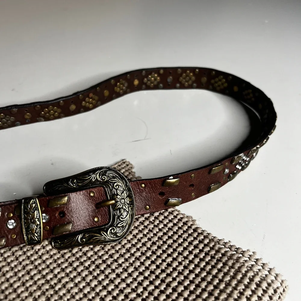 Genuine Leather Brown Western Studded Rhinestone Belt Brass Buckle Boho Medium